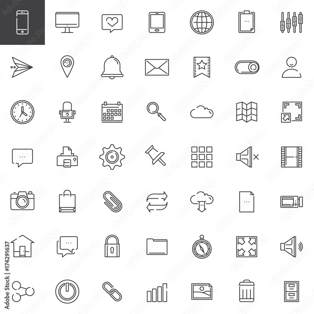 Web tools line icons set, outline vector symbol collection, linear style pictogram pack. Signs, logo illustration. Set includes icons as email, location, browser, search, setting, cloud, speech bubble Web tools line icons set, outline vector symbol collection, linear style pictogram pack. Signs, logo illustration. Set includes icons as email, location, browser, search, setting, cloud, speech bubble