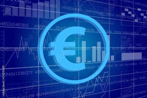 Vector business theme illustration. A euro sign against the background of electronic digits and graphs.