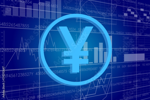 Vector business theme illustration. A yen sign against the background of electronic digits and graphs.
