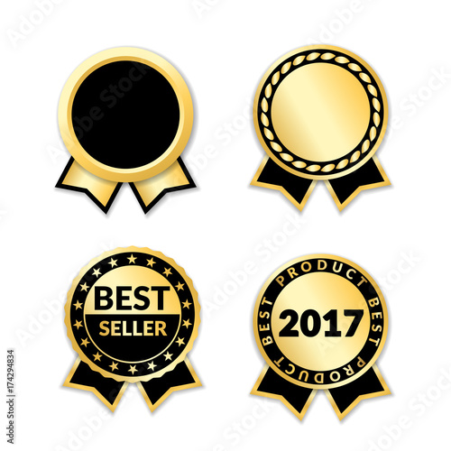 Ribbon awards best seller set. Gold ribbon award icons isolated white background. Bestseller golden tags sale label, badge, medal, guarantee quality product, certificate. Vector illustration