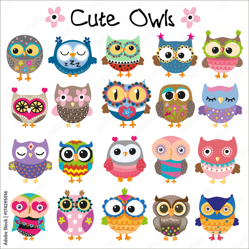Obraz premium Set of Cute Cartoon Owls