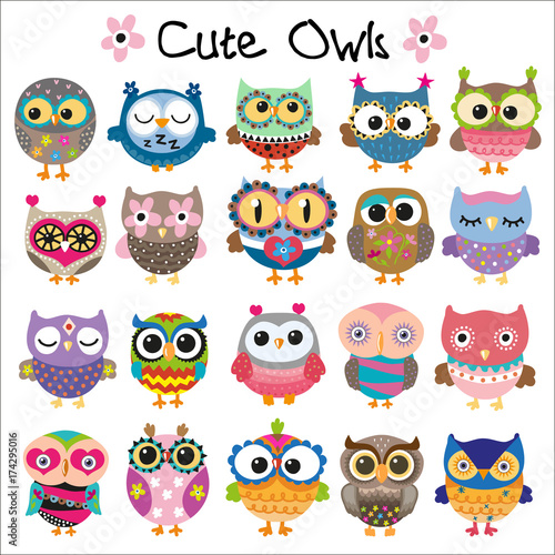 Set of Cute Cartoon Owls