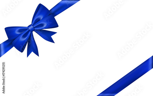 Gift bow ribbon silk. Blue bow tie isolated white background. 3D gift bow tie for Christmas present, holiday decoration, birthday celebration. Decorative satin ribbon element Vector illustration