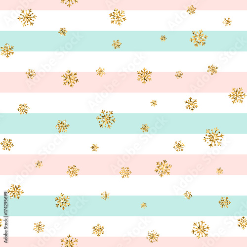 Christmas gold snowflake seamless pattern. Golden glitter snowflakes on blue pink white line background. Winter snow texture design wallpaper Symbol holiday New Year celebration Vector illustration