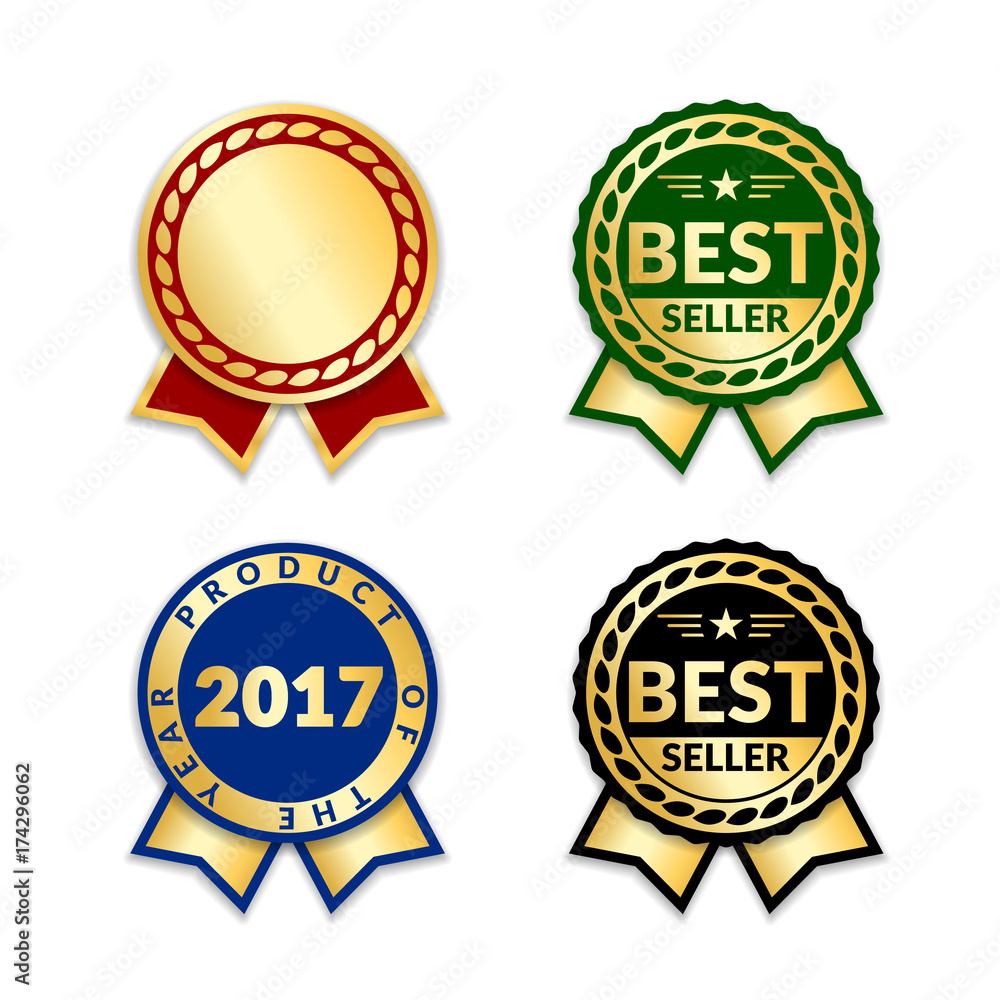 Ribbons award best seller set. Gold ribbon award icon isolated white background. Bestseller golden tag sale label, badge, medal, guarantee quality product, business certificate Vector illustration Ribbons award best seller set. Gold ribbon award icon isolated white background. Bestseller golden tag sale label, badge, medal, guarantee quality product, business certificate Vector illustration