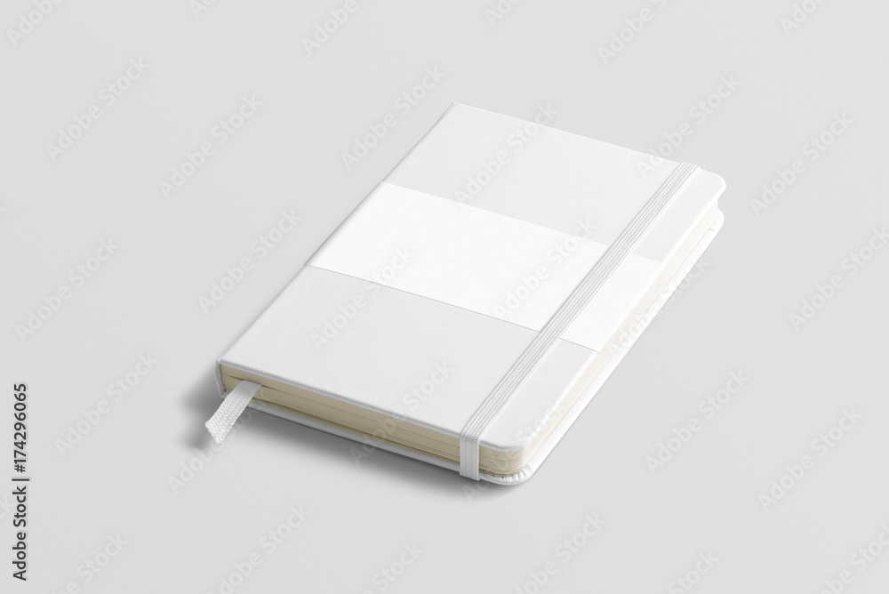 Blank photorealistic notebook mockup on light grey background, front view with label. Blank photorealistic notebook mockup on light grey background, front view with label.