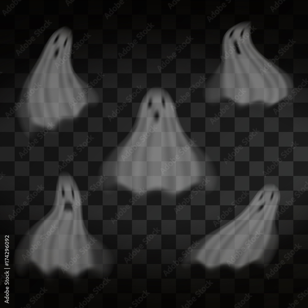 Halloween. Ghosts on transparent background. Flying scary