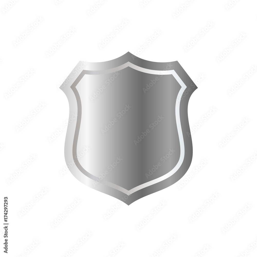Silver shield shape icon. 3D gray emblem sign isolated on white background. Symbol of security, power, protection. Badge shape shield graphic design Vector illustration