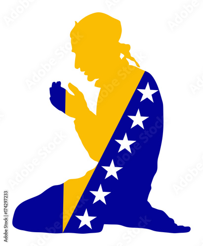 Islamic religion. Pose of Muslim man praying vector silhouette illustration isolated on background. Muslim from Bosnia and Herzegovina national flag symbol theme. Loyal Muslim migrant citizen  Europe