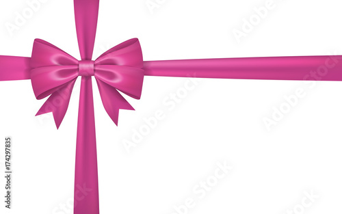 Gift bow ribbon silk. Pink bow tie isolated white background. 3D gift bow tie for Christmas present, holiday decoration, birthday celebration. Decorative satin ribbon element Vector illustration
