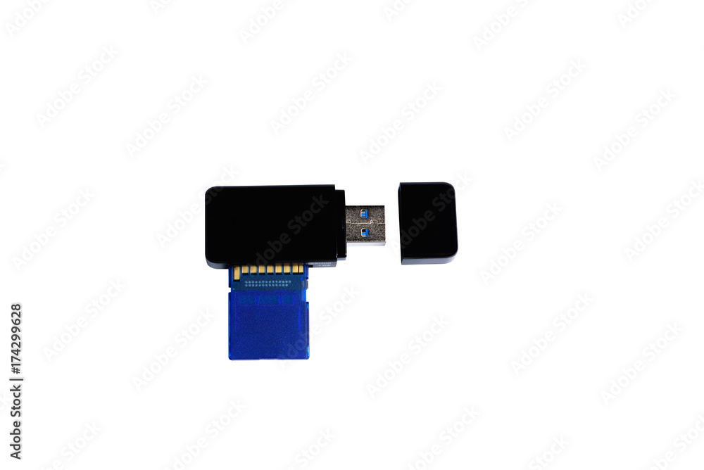 Black Usb card reader with blue sd card on white background or isolated Black Usb card reader with blue sd card on white background or isolated