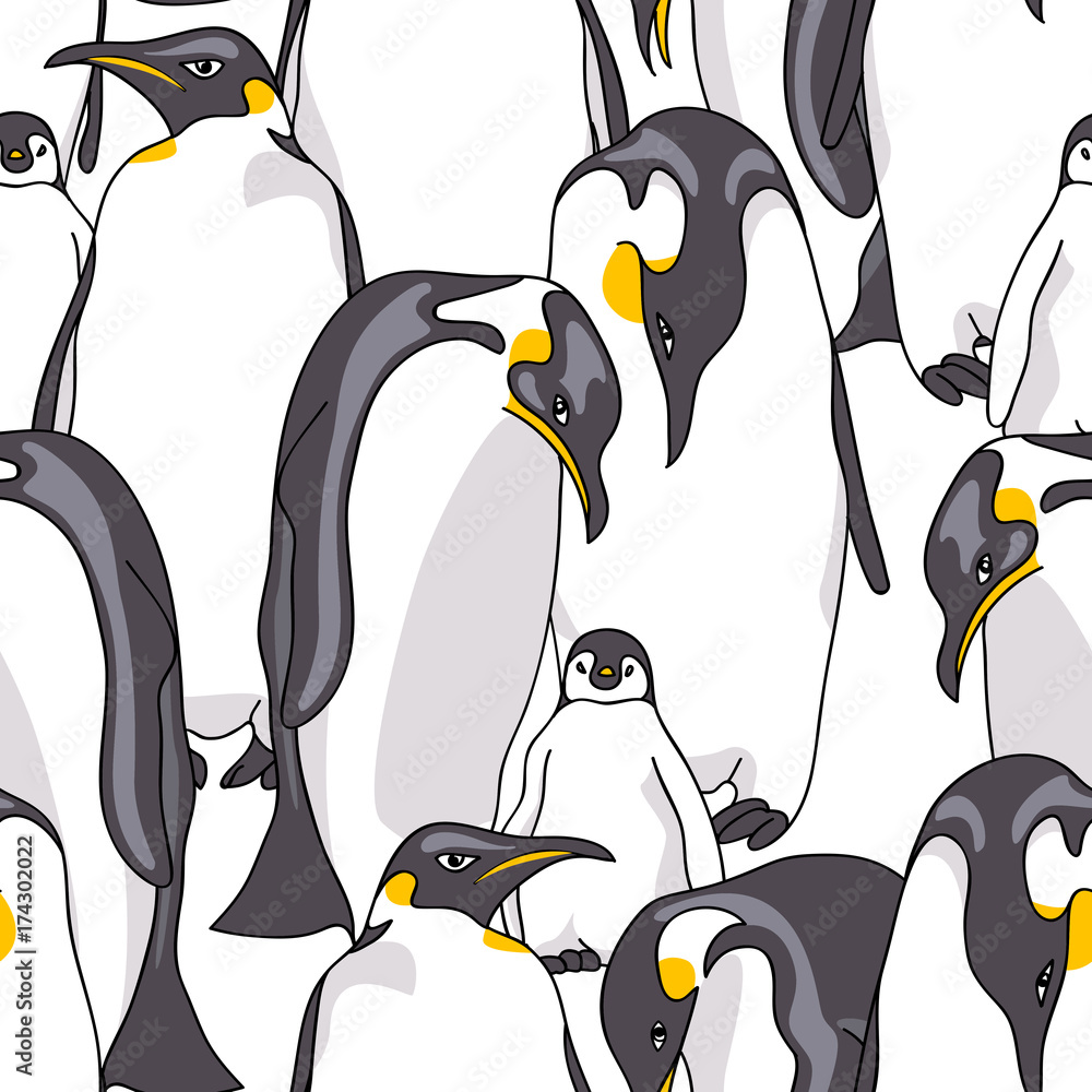 Fototapeta premium Seamless pattern with image of Emperor penguin on a white background. Vector illustration.
