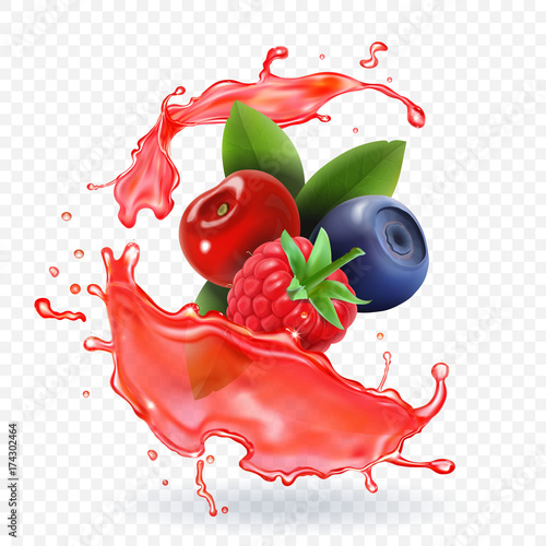 Forest Mixed berries juice Splash. 3d realistic vector