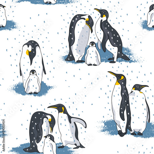 Seamless pattern with image of a penguins on a white background. Vector illustration.