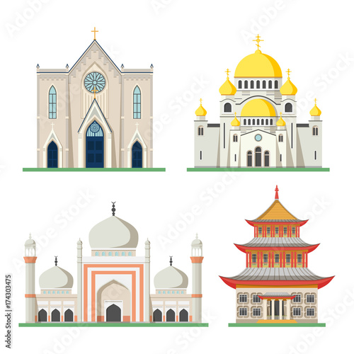 Orthodox and catholic church, pagoda and mosque