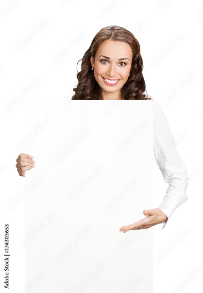 Businesswoman showing blank signboard, isolated Businesswoman showing blank signboard, isolated