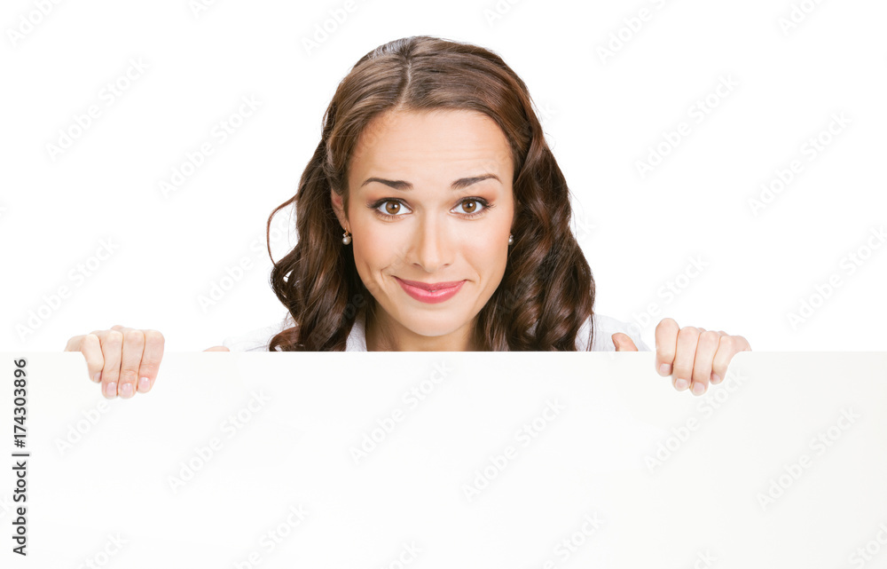 Businesswoman showing blank signboard, isolated Businesswoman showing blank signboard, isolated