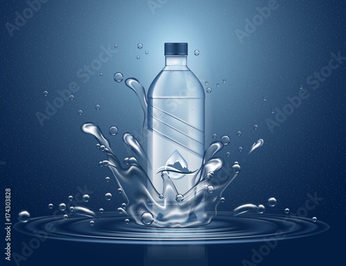 3d realistic water bottle with splashes