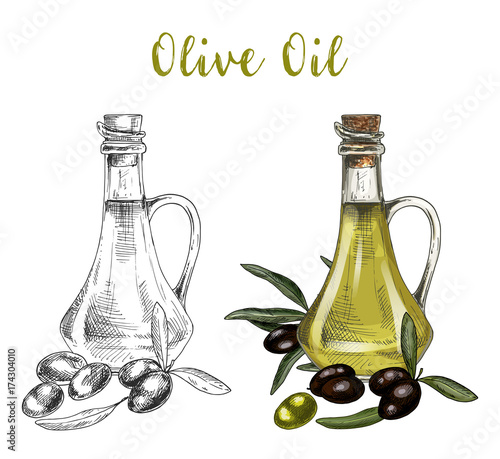 Sketch of bottle with olive oil and branch