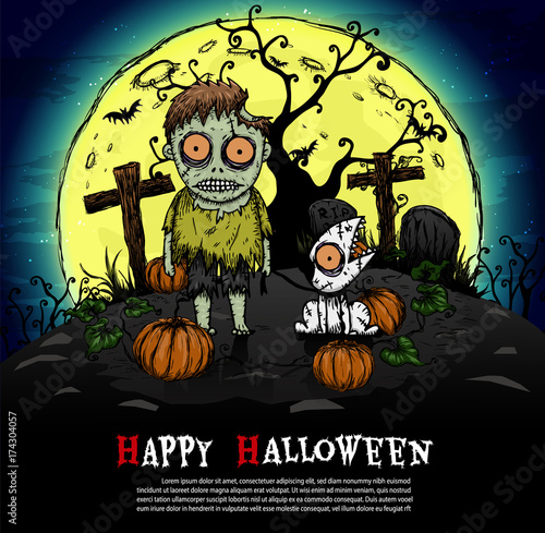Zombie with full moon halloween background by hand drawing.Dead man and dog zombie vector on graveyard background.