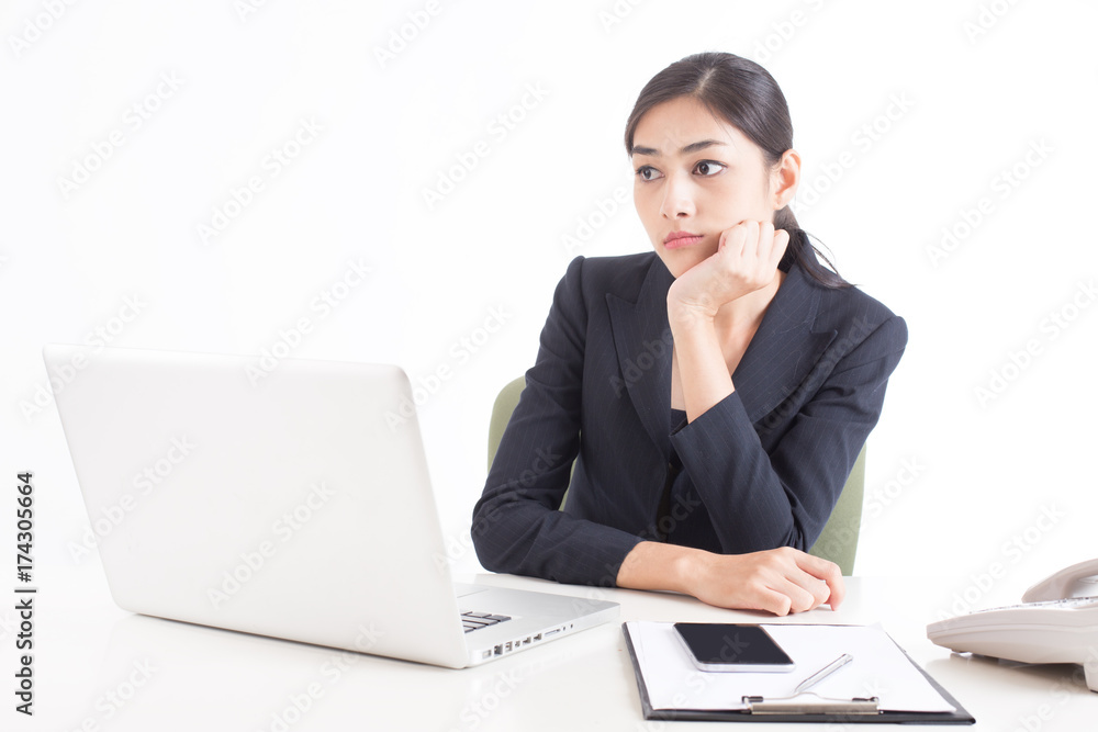 Asian Woman using Laptop for work, Woman working with boring emotion, Isolated on white background. Asian Woman using Laptop for work, Woman working with boring emotion, Isolated on white background.