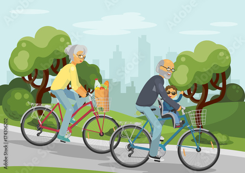 Grandmother and grandfather on bikes with grandchild. Senior couple over 50's cycling together outdoors in the city park. Concept family. Vector illustration.