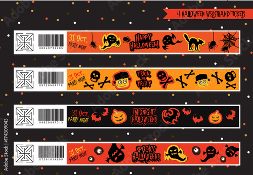 Set of Halloween wristband tickets cards labels tags vector for Halloween party, Halloween night, trick or treat, scrapbook, gift tags, ghost, skull, bat, cat, monster, text in orange, yellow, black.