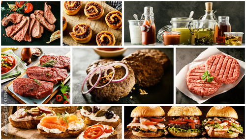 Food collage with barbecued meats and tapas