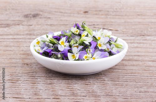 small  violet heartsease   Bowl of flowers from field pansy