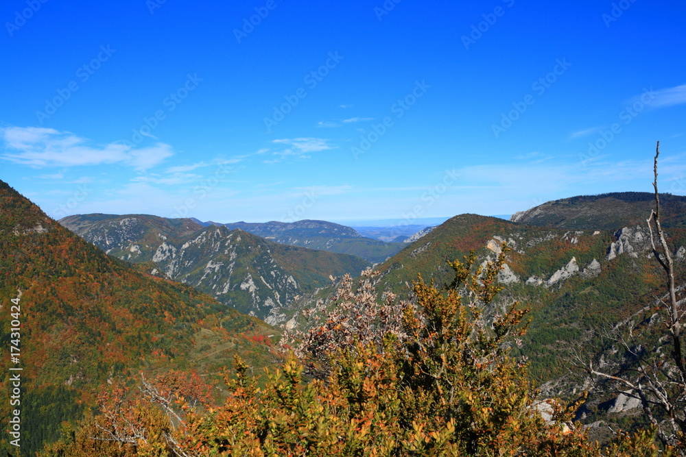 autumnal landscape in Pyrenees. Aude in Occitanie. South of France