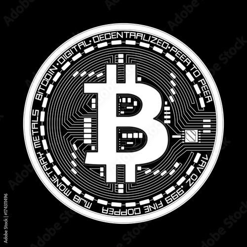 Crypto currency white coin with black lackered bitcoin symbol on obverse isolated on black background. Vector illustration. Use for logos, print products, page and web decor or other design.