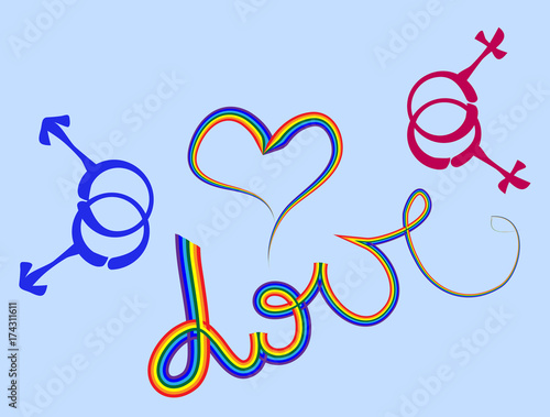 Love. Word and heart written in a rainbow font. Symbols of male and female same-sex relationships, LGBT