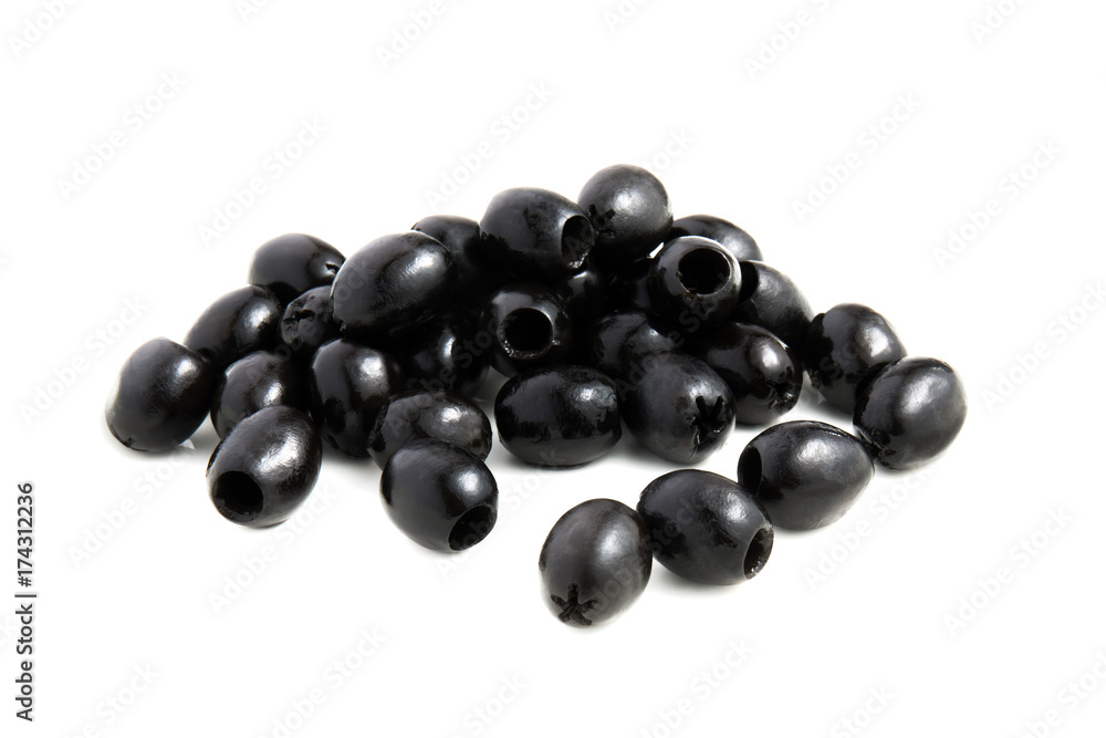 Heap of black olives isolated on a white background Heap of black olives isolated on a white background