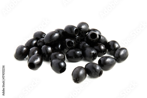 Heap of black olives isolated on a white background