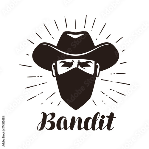 Angry bandit, gangster logo or label. Portrait of cowboy in mask. Lettering vector illustration photo