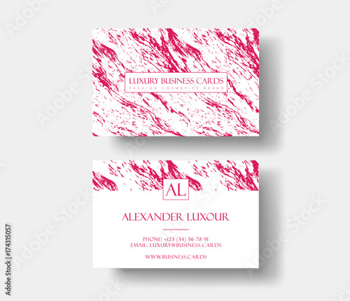 Creative modern fashioner business card, with abstract pink marble texture. Vector design concept. For stylist, makeup artist, photographer. Stylish elegant business cards template. Vector