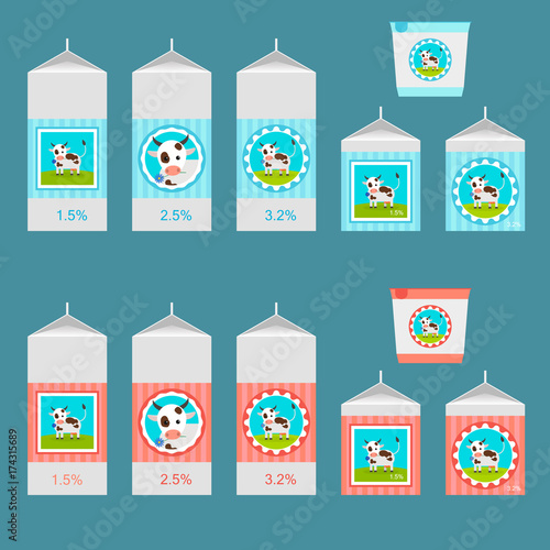 Boxes with dairy products. Vector set.