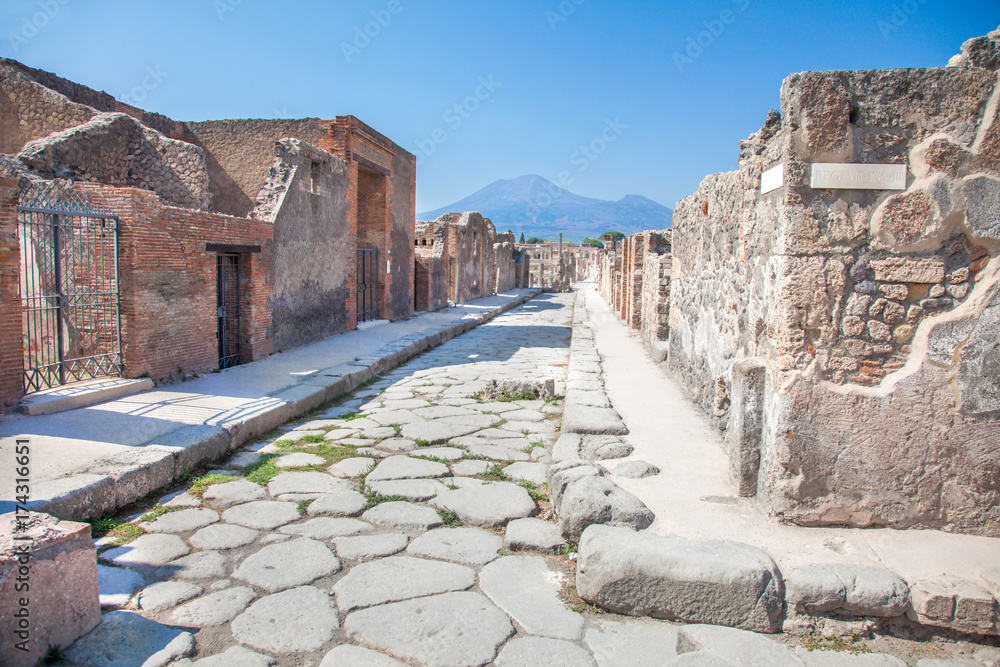Street in Pompeii and Vesuvius, Italy