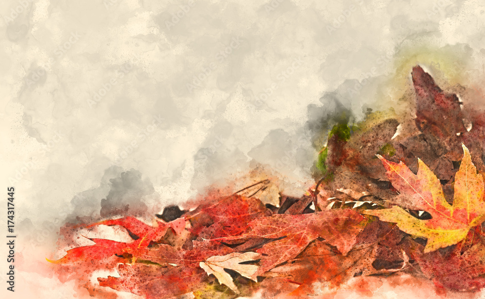 Watercolor fall maple leaves with copy space