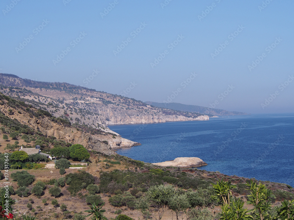 Widok na piękne skaliste wybrzeże greckiej wyspy Thassos