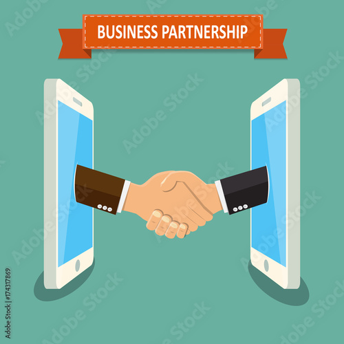 Business partnership on mobile , Business handshake,handshake businessman agreement , hands protruding from the mobile phone screen - vector illustration