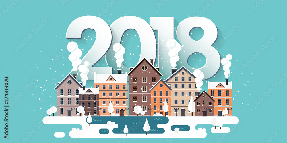 Vector illustration. 2018 winter urban landscape. City with snow. Christmas and new year. Cityscape. Buildings.