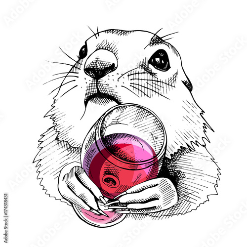 Prairie Dog Portrait with glass of red wine. Vector illustration.
