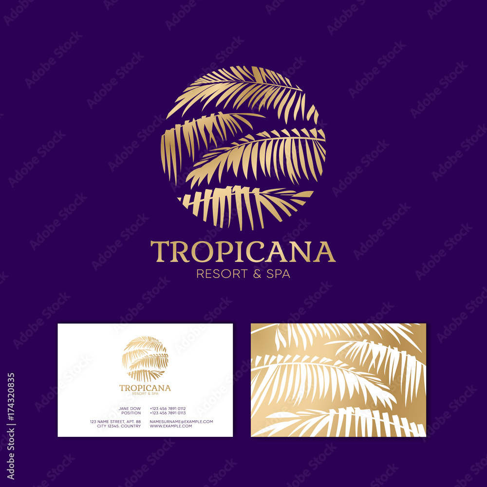 Tropicana logo. Resort and Spa emblem. Tropical cosmetics. Beauty. Palm leaves in a circle.