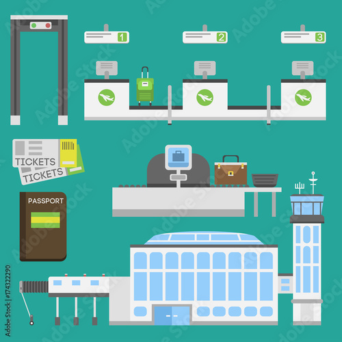 Plane airport transport symbols flat design illustration station concept air port symbols departure luggage plane business vector