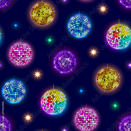 Disco mirror balls party vector seamless pattern background