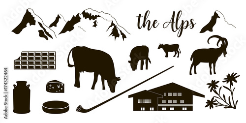 The Alps flat icons. Mountain Matterhorn, Alpine ibex, chalet, edelweiss flowers, alpenhorn