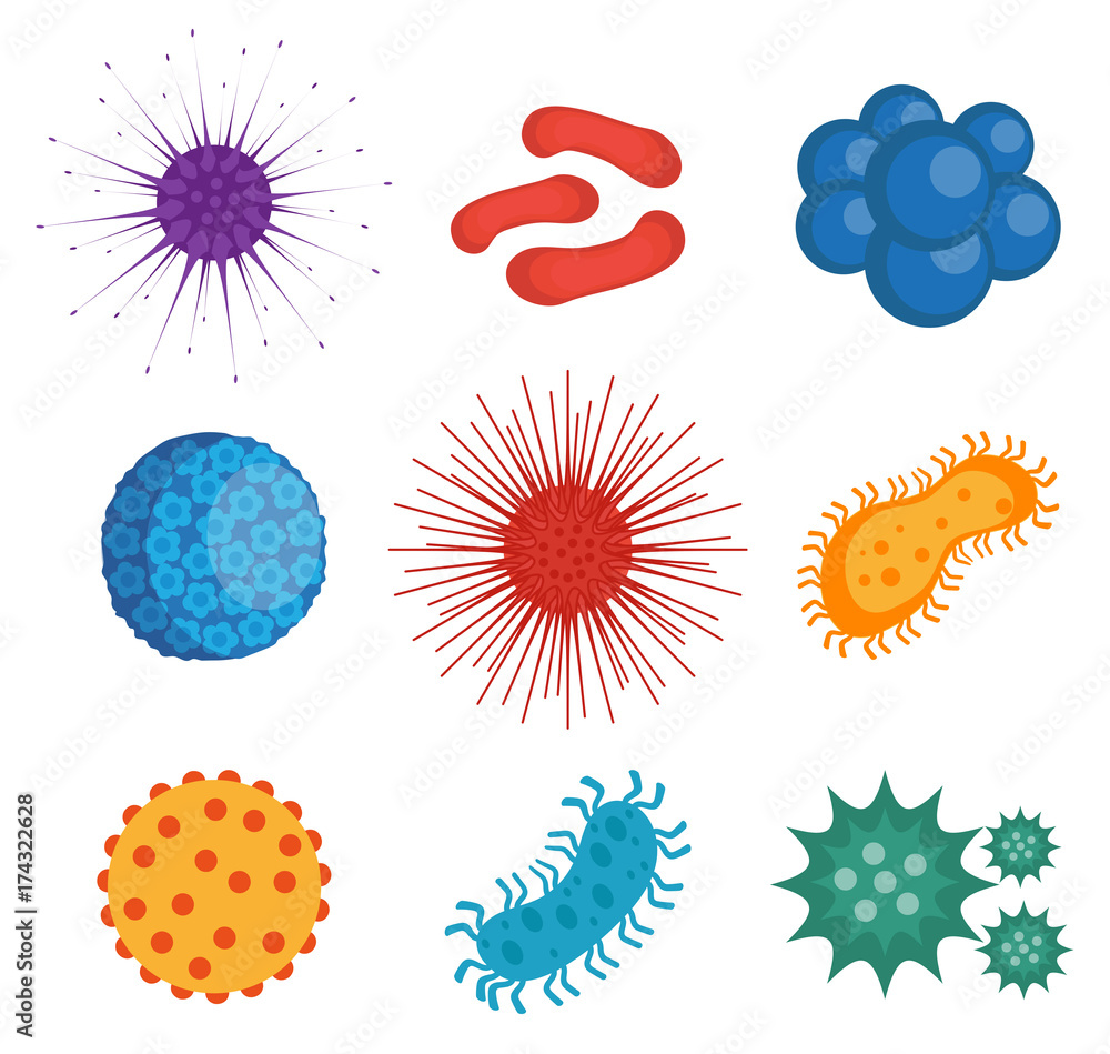 Viruses and bacteria set of icons, flat style. Parasites infection ...