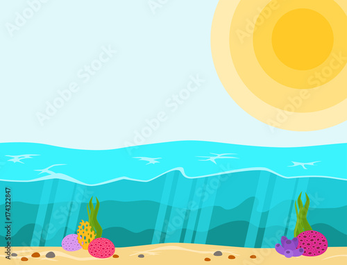 Cross section of sea water ecology natural geologist underwater background landscape river vector illustration.