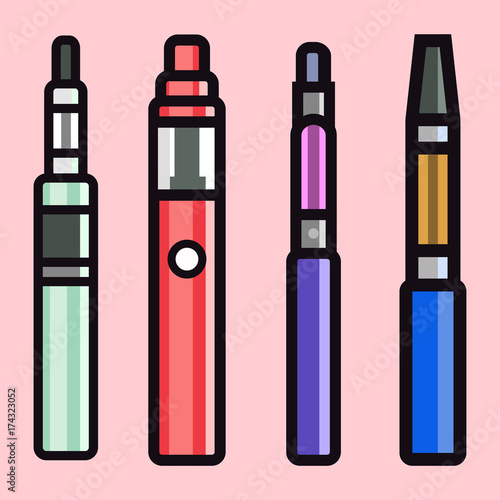 Vape device vector set cigarette vaporizer vapor juice bottle flavor illustration battery coil.
